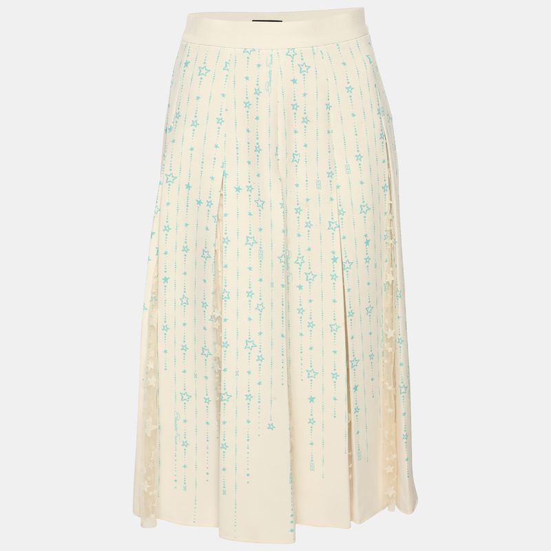 Elisabetta Franchi Cream/Green Stretch Crepe And Lace Star Print Pleated Midi